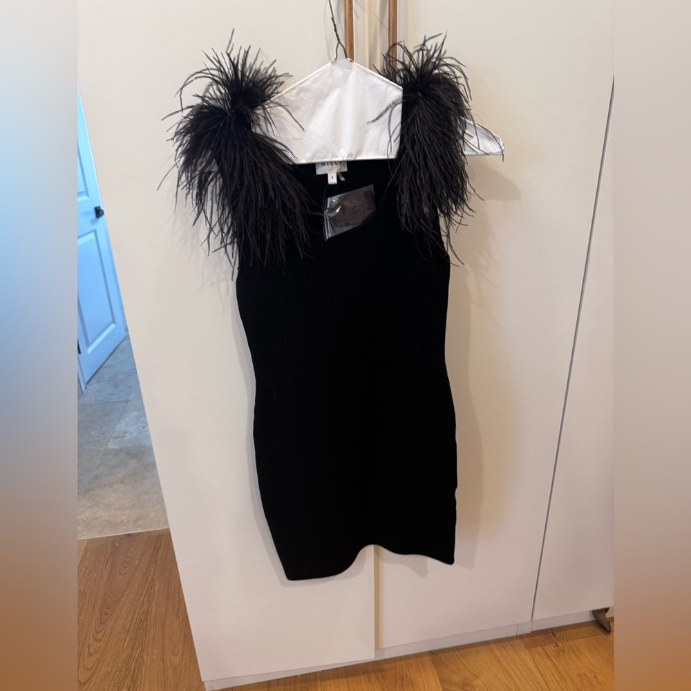 Milly Black Sleeveless Dress with Feather Trim